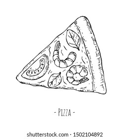 Hand-drawn isolated pizza slice. Vector cartoon illustration. 