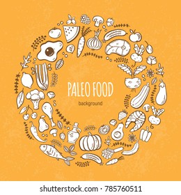 Handdrawn isolated round frame which made of paleo food elements.  Can be used for advertising, cafe and restaurant menu design, banners, flayers, articles, cover design, websites, posters.