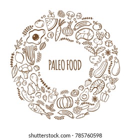 Handdrawn isolated round frame which made of paleo food elements. Can be used for advertising, cafe and restaurant menu design, banners, flayers, articles, coved design, websites, posters.