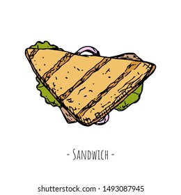 Hand-drawn isolated sandwich. Vector cartoon illustration.