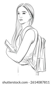 Hand-drawn isolated sketch vector of young student girl with backpack