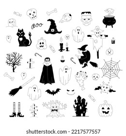 Hand-drawn isolated vector doodle set of Halloween elements. Cartoon sketch collection.