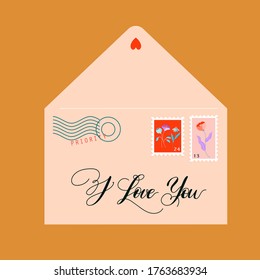 Hand-drawn isolated vector envelope. Beautiful envelope decorated with post stamps and hand lettering. Trendy vector illustration for web and print.