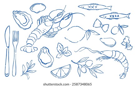 Hand-drawn isolated vector set of seafood: shrimps, oysters, crab, and olives. Mediterranean Dolce Vita-style vintage food illustrations on a white background.