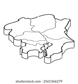 Hand-drawn isometric illustration of the Kanto region. Monochrome type.