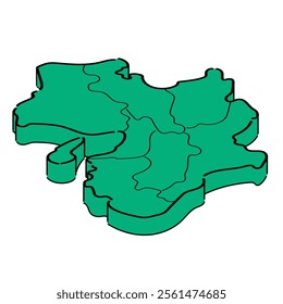 Hand-drawn isometric illustration of the Kinki region. Color type.