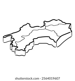 Hand-drawn isometric illustration of the Shikoku region. Monochrome type.