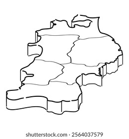 Hand-drawn isometric illustration of the Tohoku region. Monochrome type.