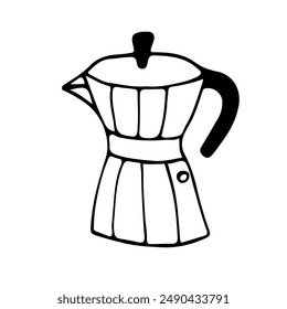 A hand-drawn Italian espresso machine, a moka pot icon, a coffee pot doodle in black and white, a funky coffee clipart