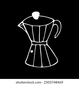 A hand-drawn Italian espresso machine, a moka pot icon, a coffee pot doodle in black and white, a funky coffee clipart chalkboard drawing style