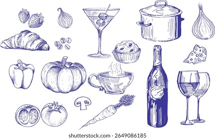 Hand-drawn Italian food and drink illustration set featuring wine, cocktail, vegetables, coffee, cheese, and bakery elements. Perfect vintage sketch design for restaurant menus, kitchen ,packaging