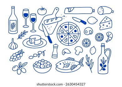 Hand-drawn Italian food elements including pizza, cheese, wine, olives, and seafood in blue line art style isolated on white background.
