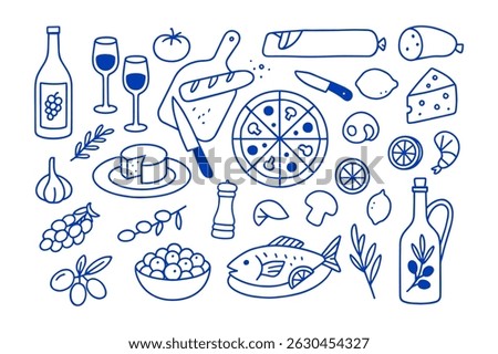 Hand-drawn Italian food elements including pizza, cheese, wine, olives, and seafood in blue line art style isolated on white background.