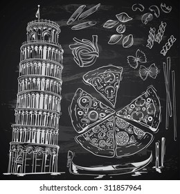 hand-drawn italian food on chalkboard