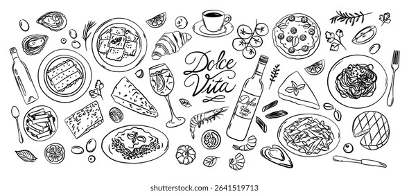 Hand-drawn Italian food vector set - Dolce Vita. Pasta, pizza, wine, cheese, seafood and desserts. Mediterranean cuisine illustrations perfect for menus, cookbooks, packaging, branding.