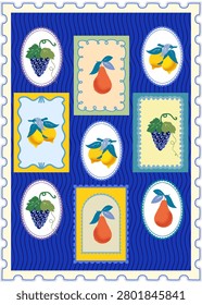 A hand-drawn Italian Mediterranean poster featuring fresh lemons, pears, and grapes. This Amalfi and Sicily-style vector tile wallpaper is perfect for coastal kitchen decor, Spanish azulejos, and European textile collections. Featuring meticulously detailed illustrations of regional fruits Amalfi lemons, Sicilian pears, and Piedmont grapes each design is framed by a decorative, scalloped postage stamp border with a subtle grunge texture. The background boasts intricate geometric and botanical tile motifs in rich azure, terracotta, and olive tones. Designed for ultimate versatility, this high-quality artwork is perfectly suited for luxury quilting fabrics, home textiles, digital pattern design, elegant wedding stationery, graduation events, and gourmet menu branding.