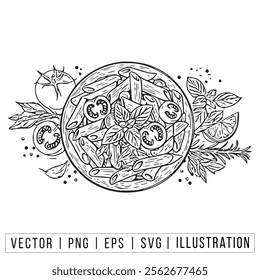 Hand-Drawn Italian Pasta Plate with Herbs - PNG, EPS Formats