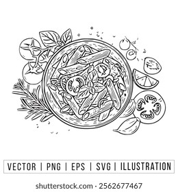 Hand-Drawn Italian Pasta Plate with Herbs - PNG, EPS Formats