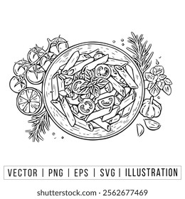 Hand-Drawn Italian Pasta Plate with Herbs - PNG, EPS Formats