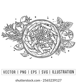 Hand-Drawn Italian Pasta Plate with Herbs - PNG, EPS Formats