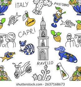 Hand-drawn Italian summer seamless pattern with lemons and architecture