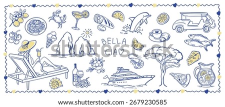 Hand-drawn Italy vacation vector set with coastal symbols: lemons, pasta, pizza, wine, yacht, seafood, sun, beach woman, Capri rocks, and "Bella Ciao" text. Mediterranean summer vibes