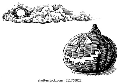 Hand-drawn Jack-O-lantern and Full Moon Illustration