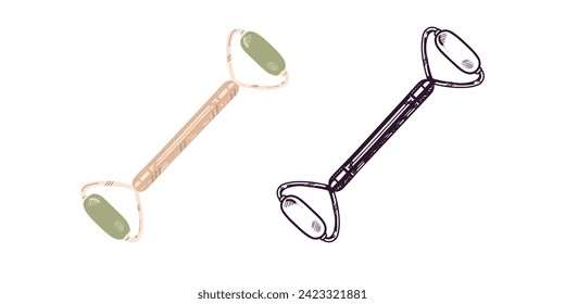 Hand-drawn jade gouache massage scraper for face and neck massage. Lifting for healthy and youthful skin. Trending skin care. Colored flat and black doodle style. 