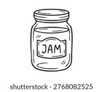 Handdrawn jam jar lineart sketch, vintage mason jar labeled jam, bold ink outlines, minimalist monochrome style, packaging and label mockup, clipart for food branding, cozy homemade preserve vibe