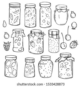 Hand-drawn jam jars on white background. Vector sketch illustration.