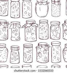 Hand-drawn jam jars. Vector  seamless pattern