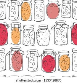 Hand-drawn jam jars. Vector  seamless pattern