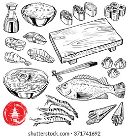 hand-drawn Japanese food set