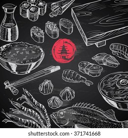 Hand-drawn Japanese Food Set On Chalkboard