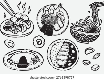Hand-drawn Japanese food. set of vector illustration in naive doodle style. Ramen noodles, japanese curry rice, gyoza, korokke, omelette in black ink line art for food shop, branding, menu, cafe, restaurant.