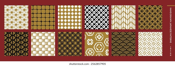 Hand-drawn Japanese pattern background seamless pattern vector material ideal for New Year's and Japanese-style scenes_Gold and red color scheme, Seigaiha, etc.