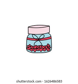 A hand-drawn jar filled with hearts flat vector icon isolated on a white background. Valentine's day concept gift.
