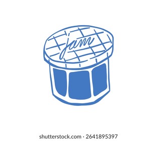 Hand-drawn jar of jam in blue line art style with Mediterranean aesthetic. Simple sketch of sweet fruit preserve in a glass jar with lid. Perfect for packaging, cafe design, or food-themed projects.