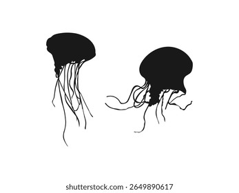 Hand-drawn jellyfish silhouette illustration. Underwater animal sign and symbol. Black Silhouette Jellyfish Against a White Background.