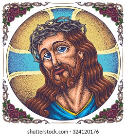 Hand-drawn Jesus Christ with crown of thorns.