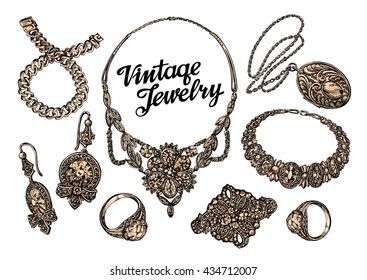 Hand-drawn jewelry set. Gold and gems. Jewelry shop or fashion. Sketch vector illustration