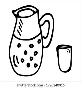 hand-drawn, jug with circles in black and white without a background, next to a glass