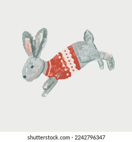 Hand-drawn jumping bunny in knitted sweater vector illustration. Christmas rabbit in dot style image.