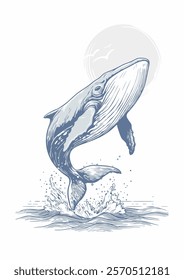 Hand-Drawn Jumping Whale Vector Illustration in Detailed Sketch Style