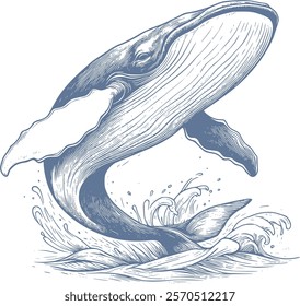 Hand-Drawn Jumping Whale Vector Illustration in Detailed Sketch Style