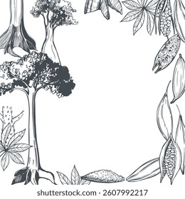 Hand-drawn Kapok tree , Ceiba pentandra. Cotton tree white silk.  Vector background. Sketch  illustration.  