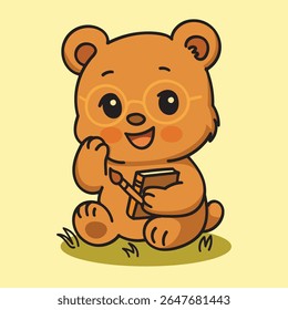 Un personnage dessiné à la main en ours kawaii est assis joyeusement tout en tenant un livre et une brosse.