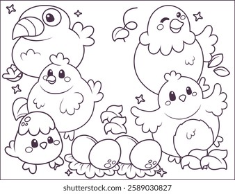 Hand-drawn kawaii-Chicken and eggs Coloring Pages