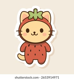 A hand-drawn kawaii-style cat character dressed in a strawberry fruit costume. Perfect for stickers, children's designs, digital scrapbooking, printables, and cute-themed projects