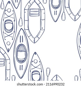 Kayaks dibujados a mano, botes inflables. Fondo vectorial.